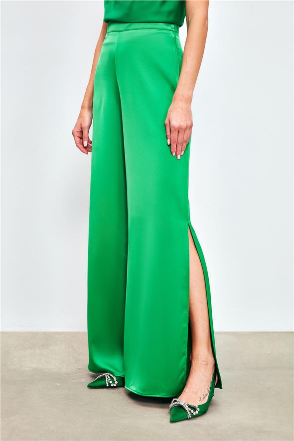 Yırtmaç Detaylı Saten Pantolon - Yeşil