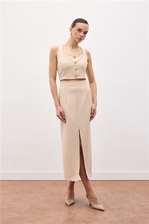 Yırtmaçlı Midi  Etek - Bej