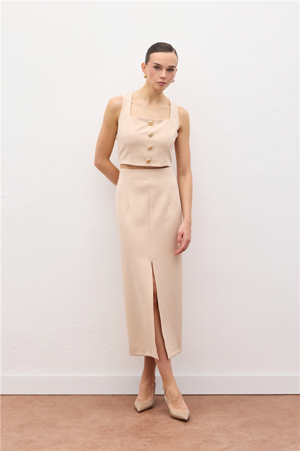 Yırtmaçlı Midi  Etek - Bej