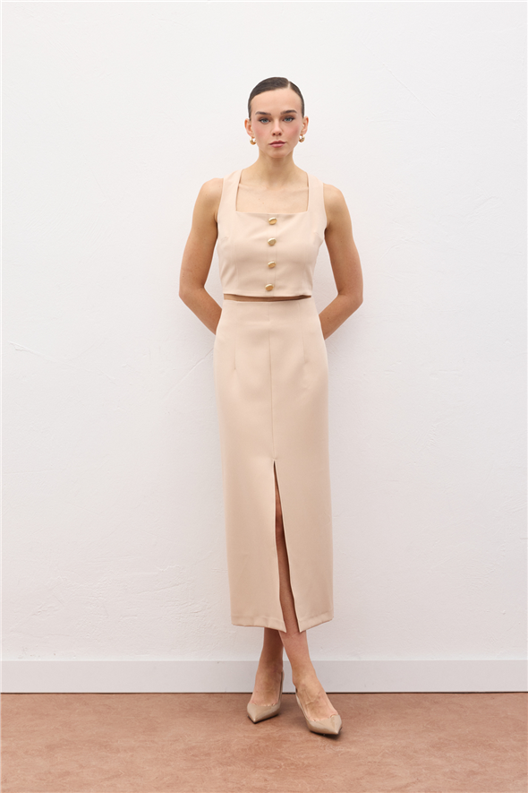 Yırtmaçlı Midi  Etek - Bej