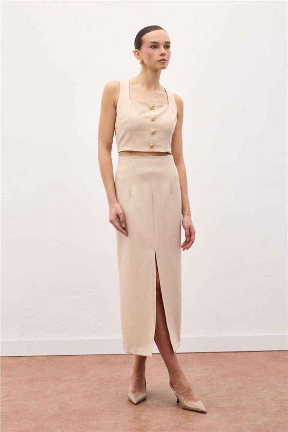 Yırtmaçlı Midi  Etek - Bej