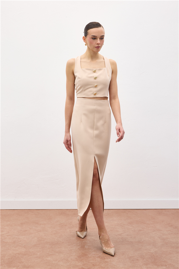 Yırtmaçlı Midi  Etek - Bej