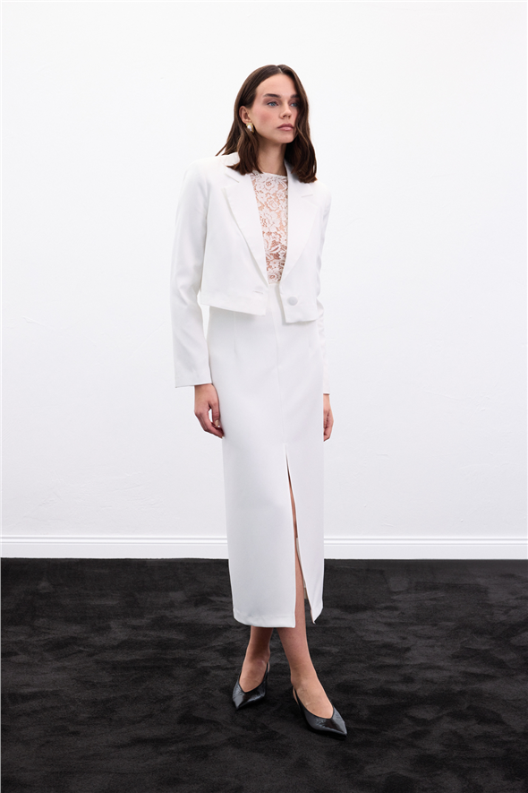 Yırtmaçlı Midi  Etek - Ekru