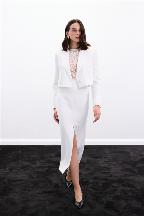 Yırtmaçlı Midi  Etek - Ekru