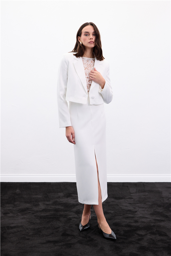 Yırtmaçlı Midi  Etek - Ekru