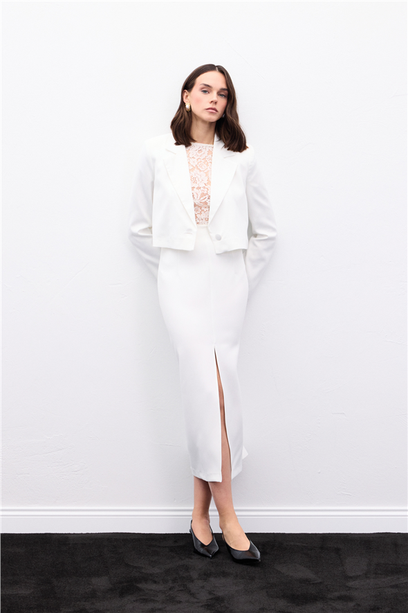 Yırtmaçlı Midi  Etek - Ekru