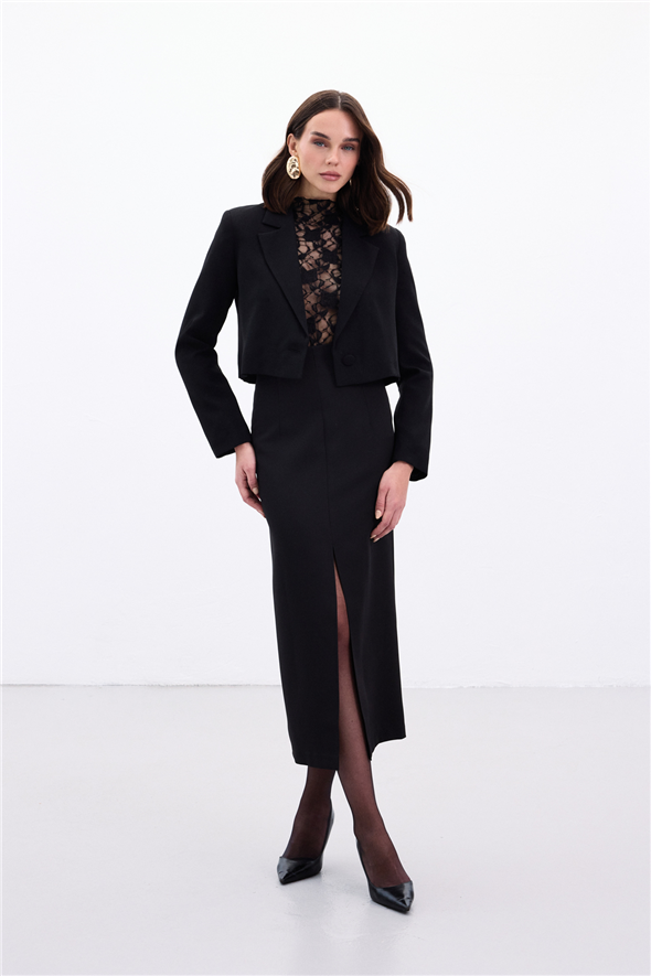 Yırtmaçlı Midi  Etek - Siyah