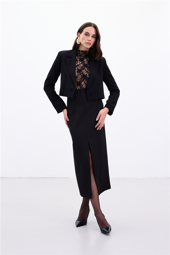 Yırtmaçlı Midi  Etek - Siyah