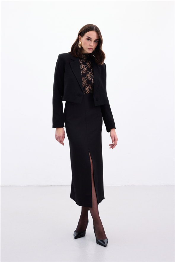 Yırtmaçlı Midi  Etek - Siyah