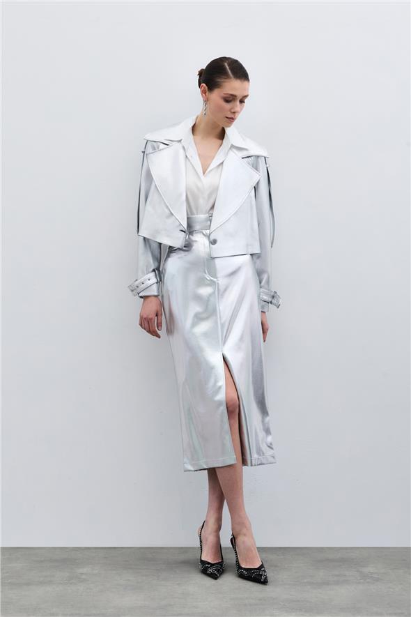 Yırtmaçlı Parlak Kalem Etek - Gümüş