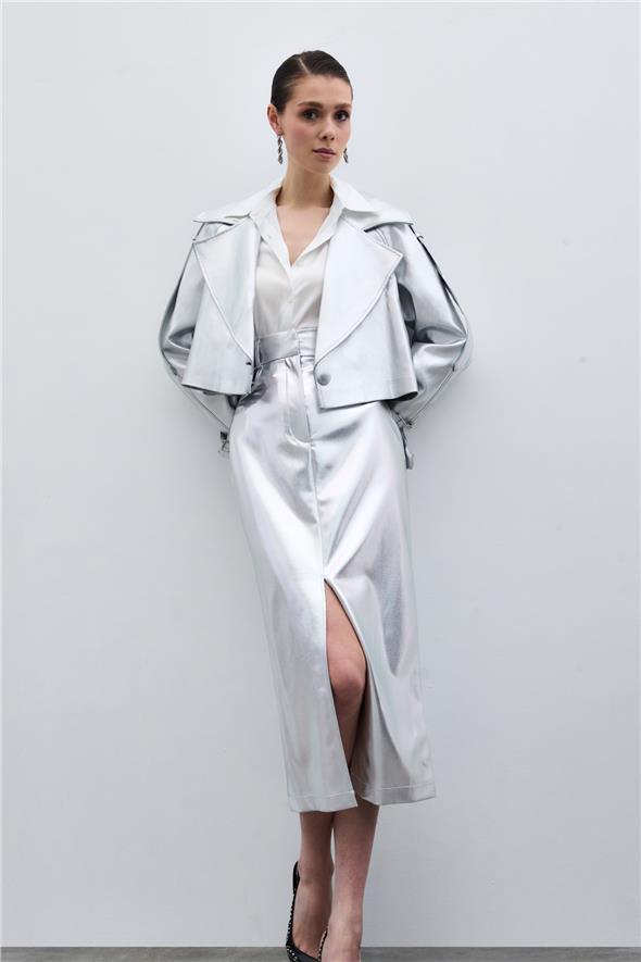 Yırtmaçlı Parlak Kalem Etek - Gümüş