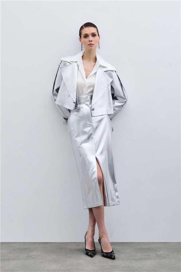 Yırtmaçlı Parlak Kalem Etek - Gümüş