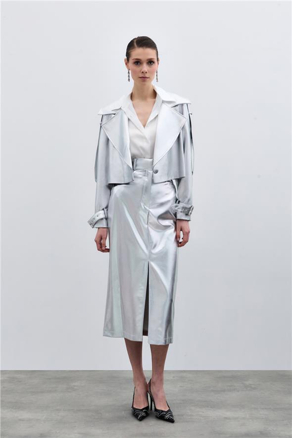 Yırtmaçlı Parlak Kalem Etek - Gümüş