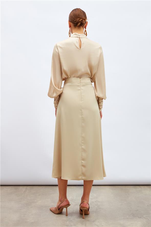 Yırtmaçlı Saten Etek - Bej