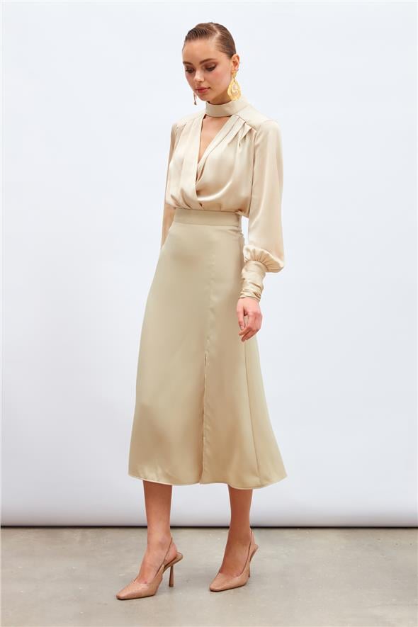 Yırtmaçlı Saten Etek - Bej