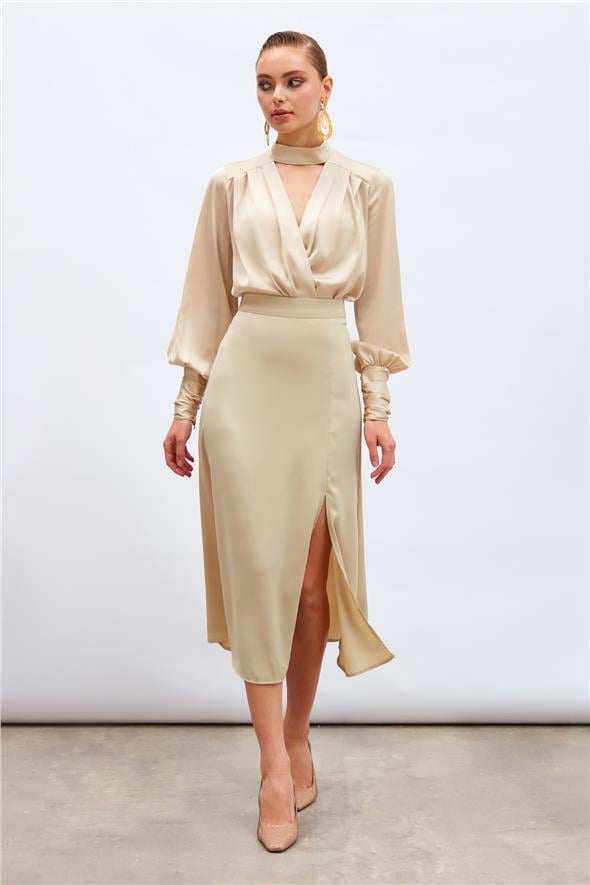 Yırtmaçlı Saten Etek - Bej