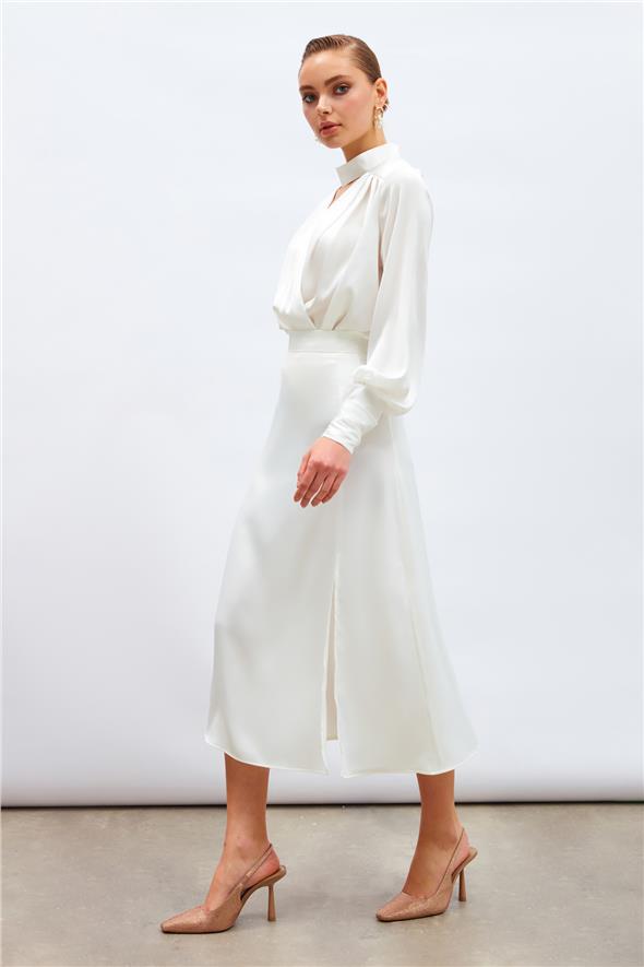 Yırtmaçlı Saten Etek - Ekru