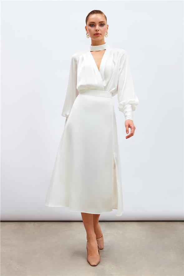 Yırtmaçlı Saten Etek - Ekru