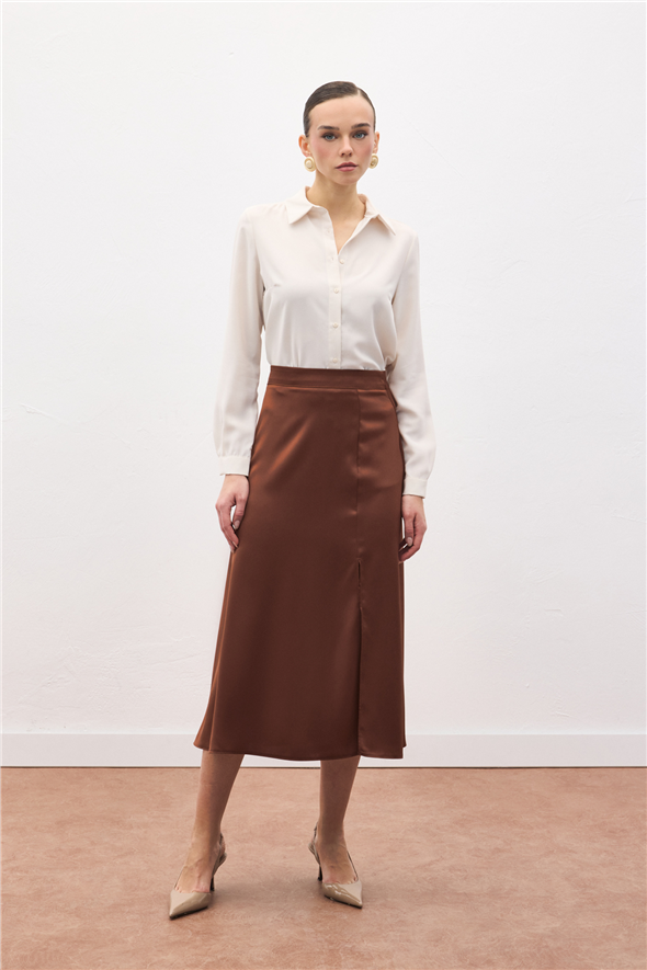 Yırtmaçlı Saten Etek - Kahve