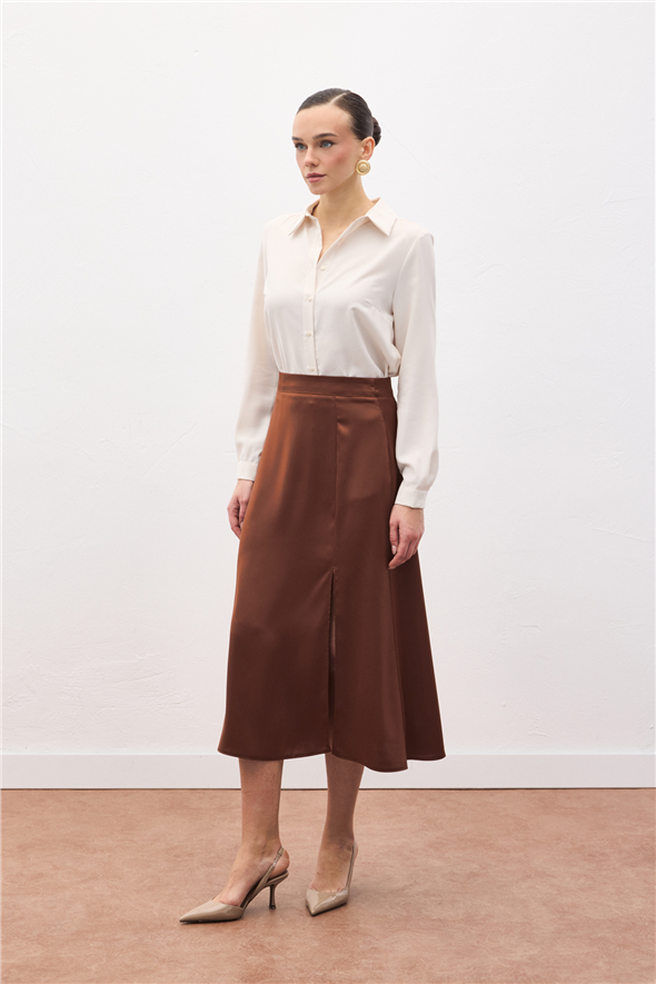 Yırtmaçlı Saten Etek - Kahve