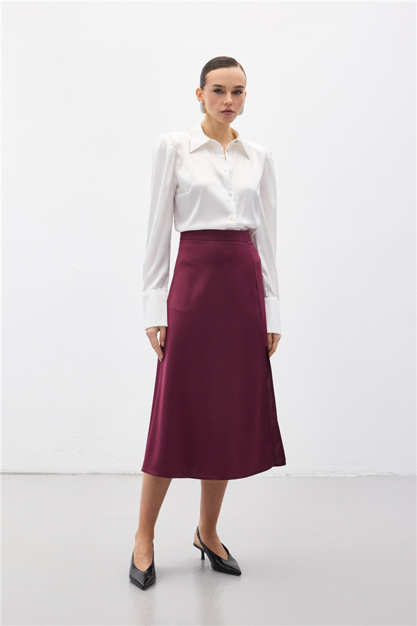 Yırtmaçlı Saten Etek - Mürdüm