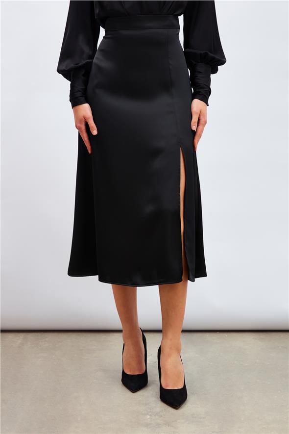 Yırtmaçlı Saten Etek - Siyah