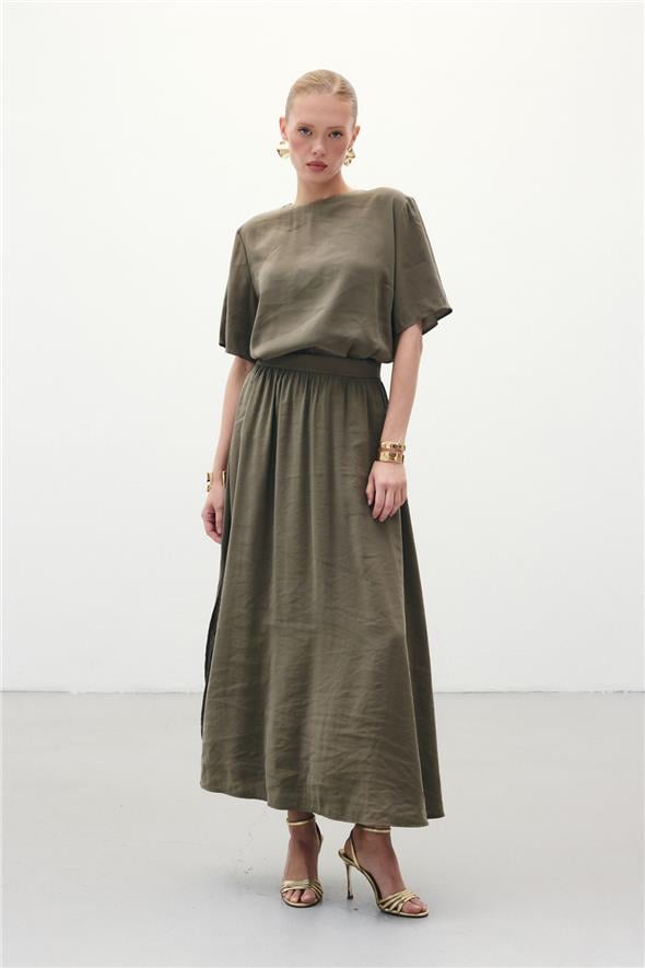 Yırtmaçlı Uzun Etek - Haki