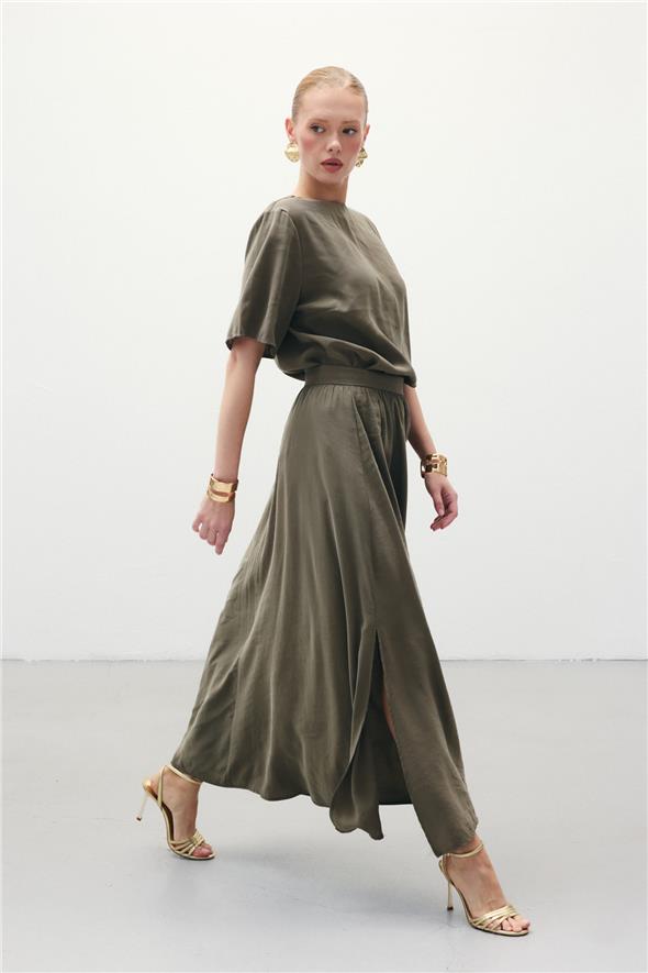 Yırtmaçlı Uzun Etek - Haki