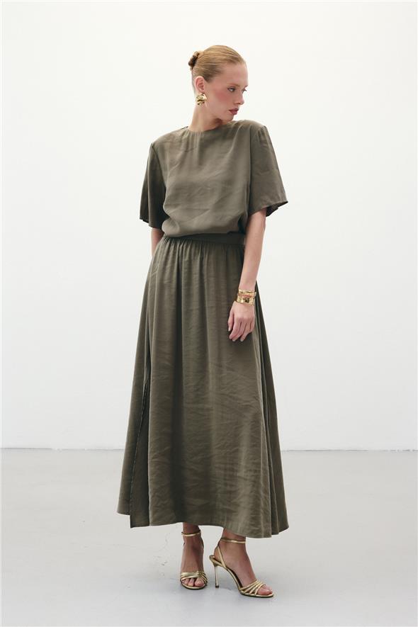 Yırtmaçlı Uzun Etek - Haki