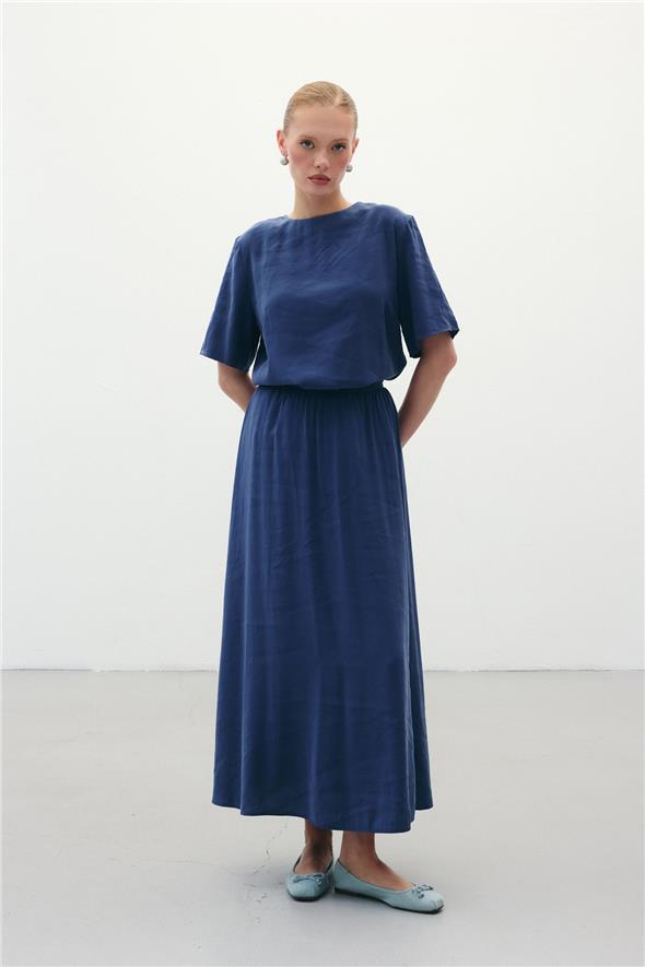 Yırtmaçlı Uzun Etek - İndigo