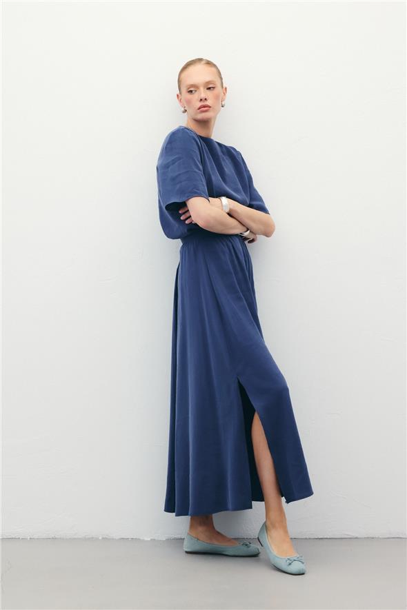 Yırtmaçlı Uzun Etek - İndigo
