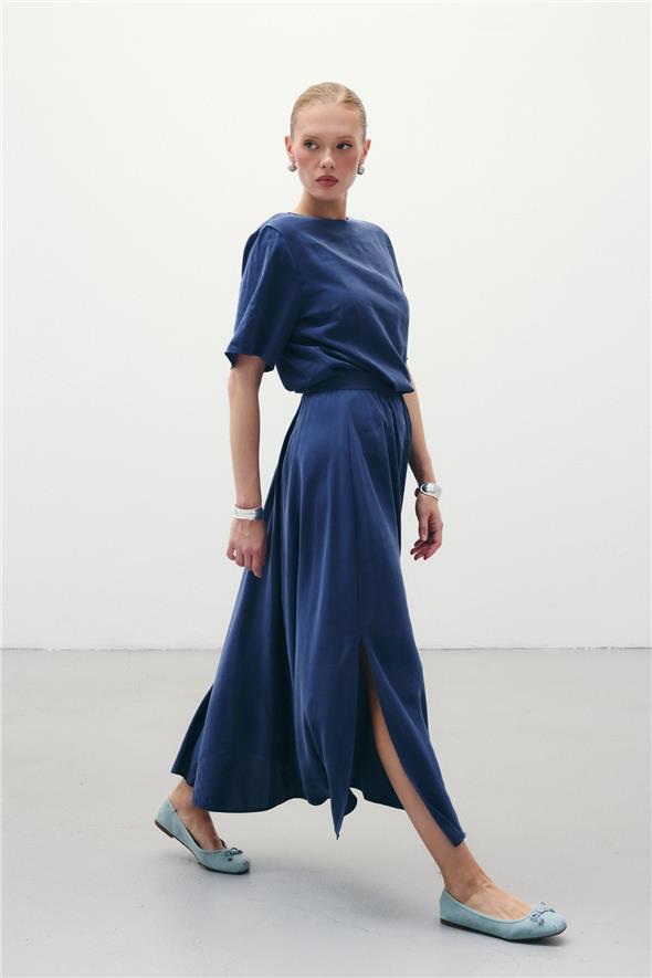 Yırtmaçlı Uzun Etek - İndigo