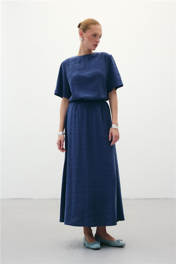 Yırtmaçlı Uzun Etek - İndigo