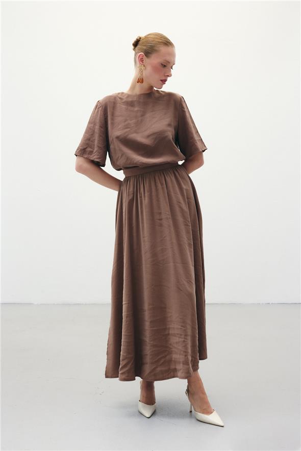 Yırtmaçlı Uzun Etek - Kahve