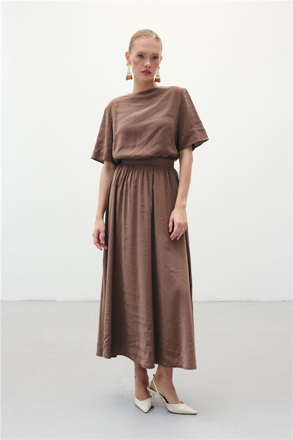 Yırtmaçlı Uzun Etek - Kahve