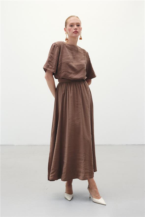 Yırtmaçlı Uzun Etek - Kahve