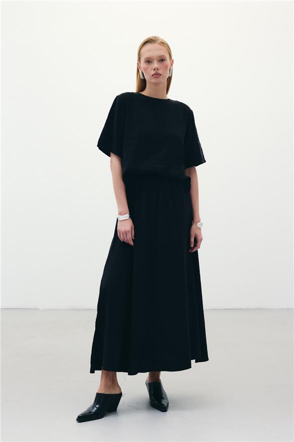 Yırtmaçlı Uzun Etek - Siyah