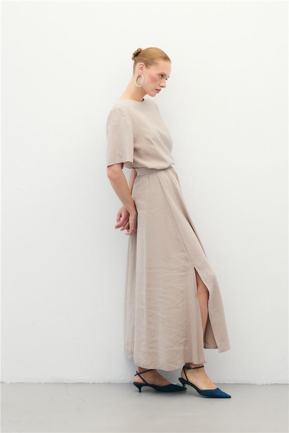 Yırtmaçlı Uzun Etek - Taş