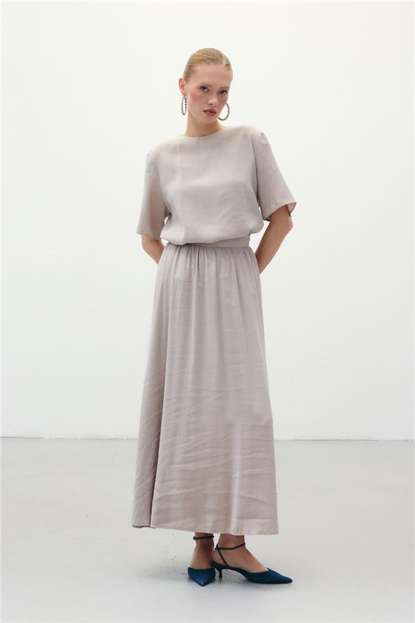 Yırtmaçlı Uzun Etek - Taş