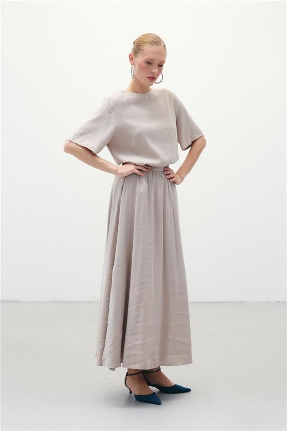 Yırtmaçlı Uzun Etek - Taş