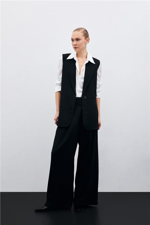 Yüksek Bel Bol Paça Pantolon - Siyah