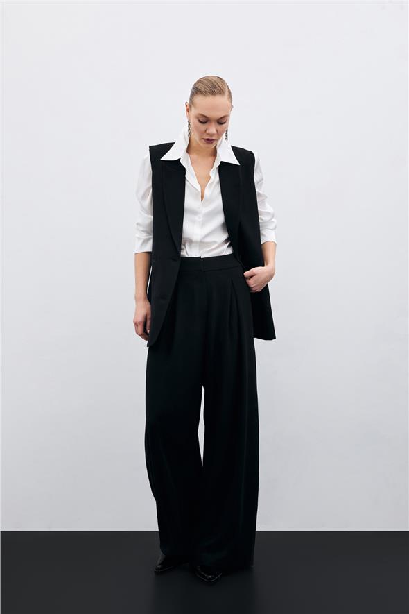 Yüksek Bel Bol Paça Pantolon - Siyah