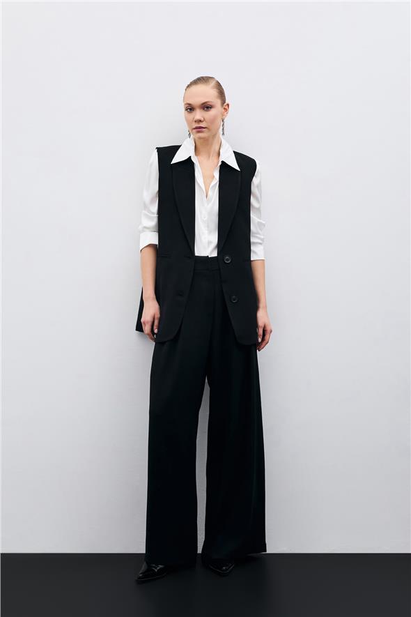 Yüksek Bel Bol Paça Pantolon - Siyah