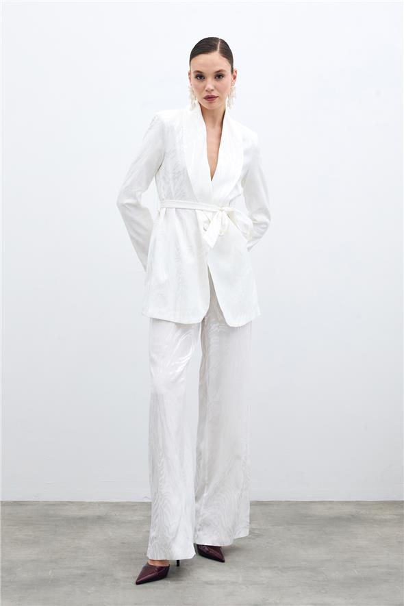 Yüksek Bel Desenli Pantolon - Ekru