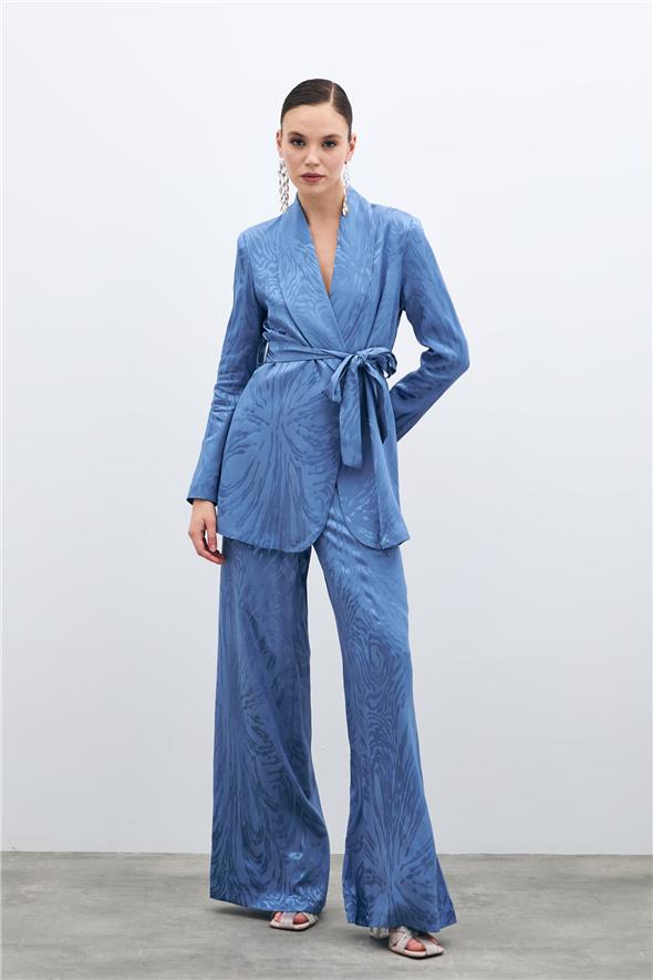 Yüksek Bel Desenli Pantolon - İndigo