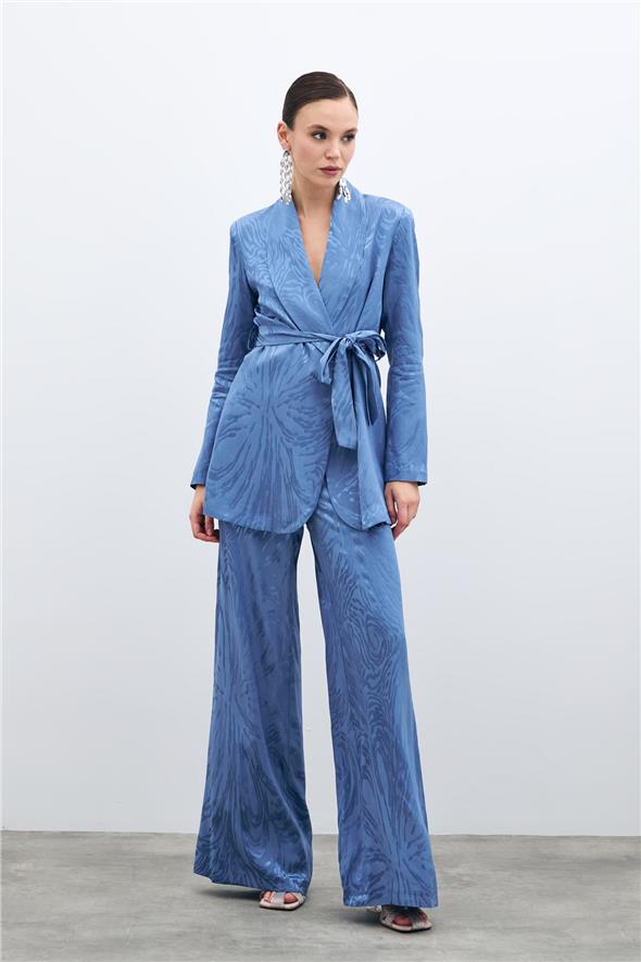 Yüksek Bel Desenli Pantolon - İndigo