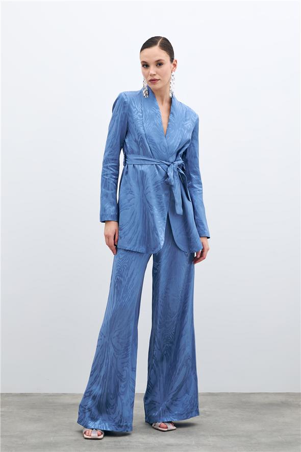 Yüksek Bel Desenli Pantolon - İndigo