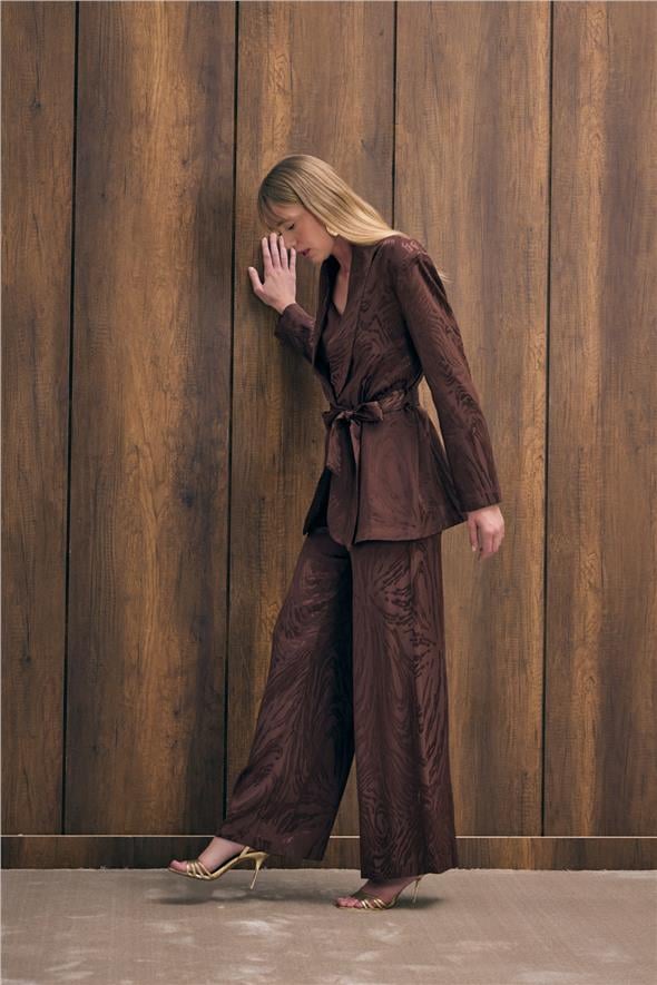 Yüksek Bel Desenli Pantolon - Kahve