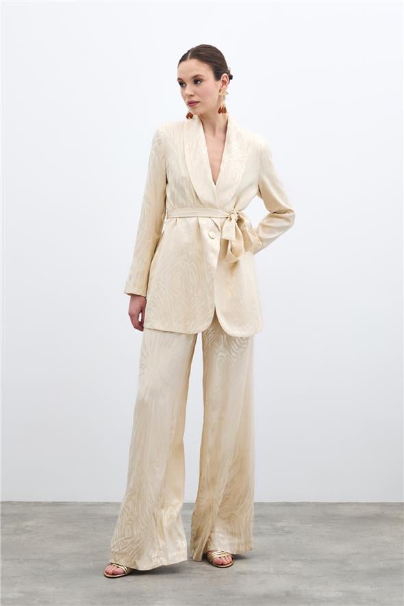 Yüksek Bel Desenli Pantolon - Taş