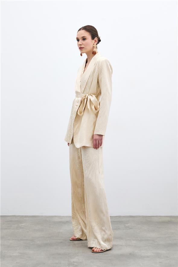 Yüksek Bel Desenli Pantolon - Taş